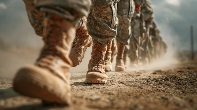 Row of sturdy combat boots marching in formation across a dusty training field