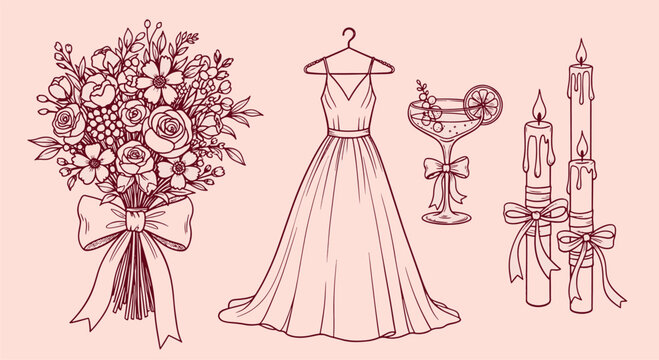 Hand drawn wedding celebration icons featuring bridal gown bouquet cocktail glass and candles for romantic event planning and invitation design vector illustration
