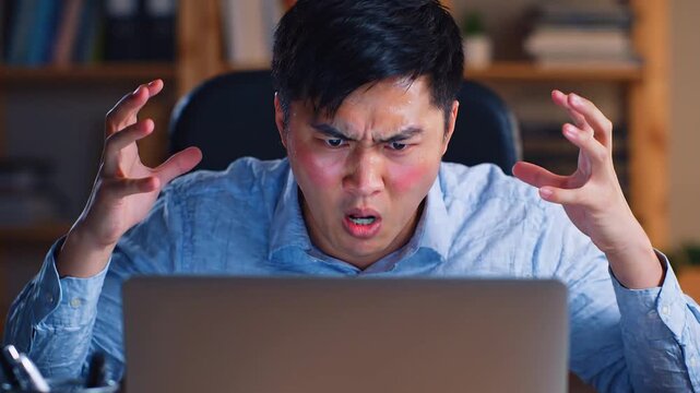 Frustrated man reacting to laptop problem at home