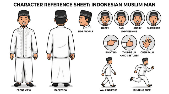 A character reference sheet for an Indonesian Muslim man in various poses and expressions