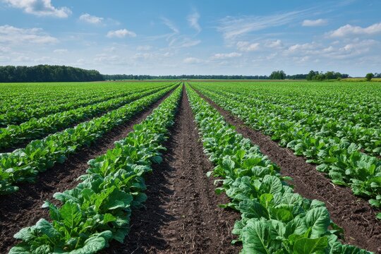 Rural field of sugar beet crops growing in long parallel rows