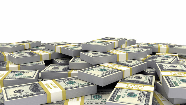 money heap falling cash us dollars isolated on white