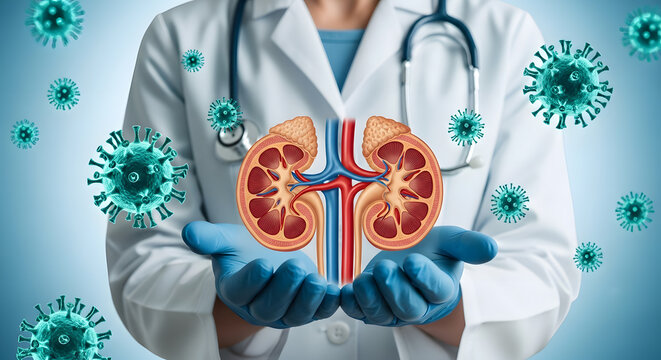 Medical professional in white coat holds a kidney organ surrounded by microscopic viral particles