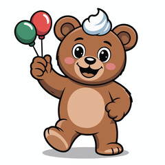 Naklejka premium A happy brown teddy bear character holding colorful balloons on white background