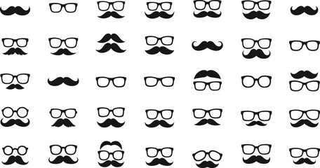 Fototapeta premium Mustache and glasses icons collection with hipster style facial hair and eyewear isolated vector set