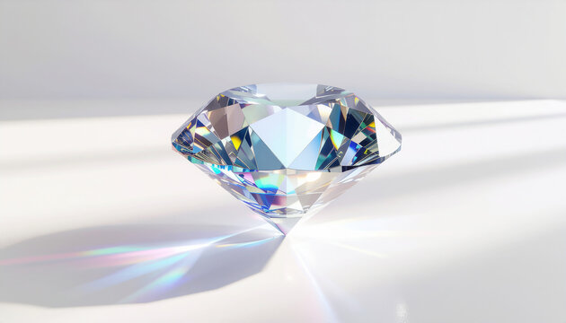 Large transparent crystal diamond gemstone with vivid rainbow light refraction and prism spectrum shadow on a clean soft white background, luxury jewelry and premium concept with copy space