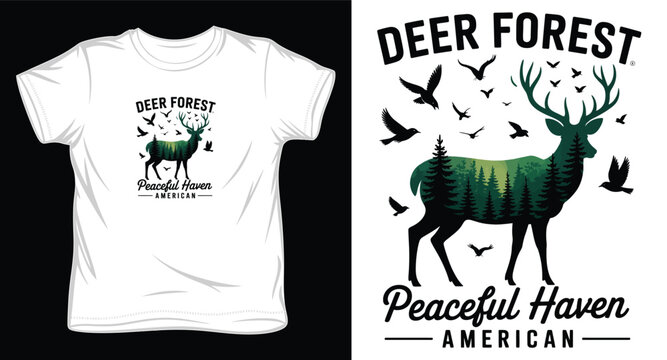 Double exposure deer silhouette with green forest landscape and flying birds.