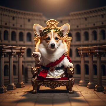 Cute corgi dog dressed as roman emperor sitting on golden throne inside colosseum wearing laurel wreath and white toga.