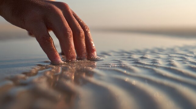 Hand gently touches wet sand at dawn