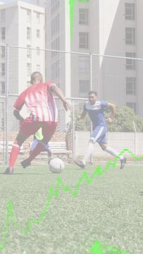 Vertical video: Soccer striker stepping, dribbling ball, overlay following, moving toward goal