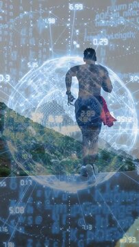 Vertical video: Male runner starting uphill road training, cam following, tech globe tracking waist