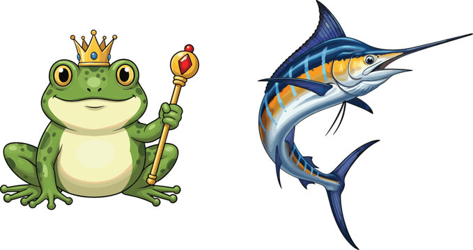 Cute cartoon frog prince with crown and royal scepter alongside dynamic marlin fish illustration, colorful animal character set for children design and aquatic themes