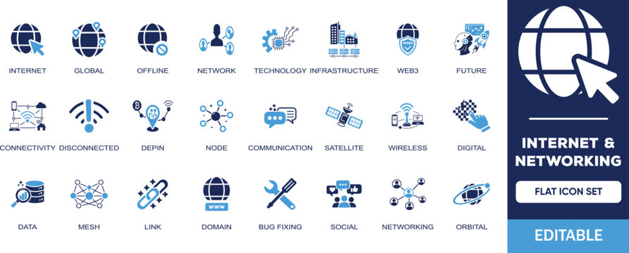 Internet and Networking editable solid icon set. Containing global,offline, network, website, link, data, web, online, domain, technology, modem, hosting, connection and more vector icons collection. 
