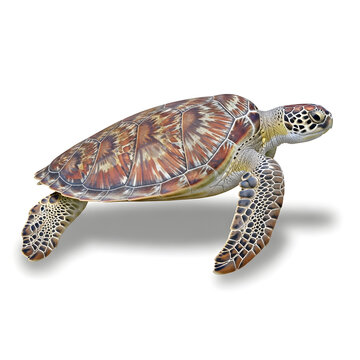 A colorful sea turtle swims in the ocean with vibrant shell and fins underwater.