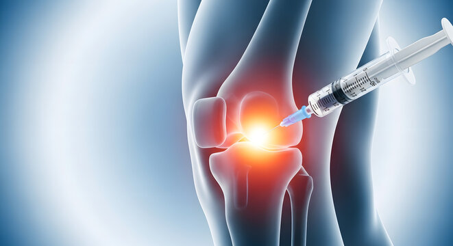 Medical syringe injecting into a human knee joint, highlighting inflammation or pain with a vibrant glow