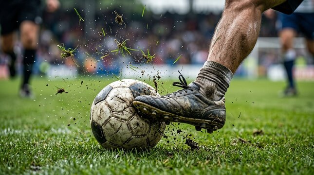 A soccer player in full action, wearing soccer cleats, kicks the ball onto the green grass of the field during a soccer match