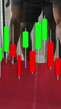 Vertical video: Fit man leaning, pulling and smoothing red mat for workout, chart overlaying grid