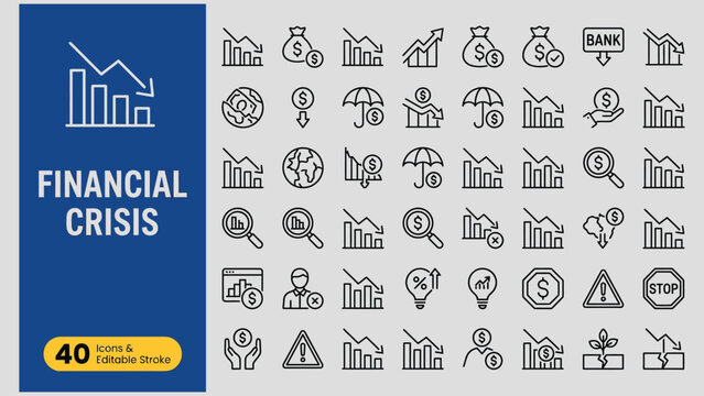 Financial crisis web icon set in line style. Decrease, recession, collapse, layoff, panic, job fired, pay cuts, low cost, collection. Vector illustration.