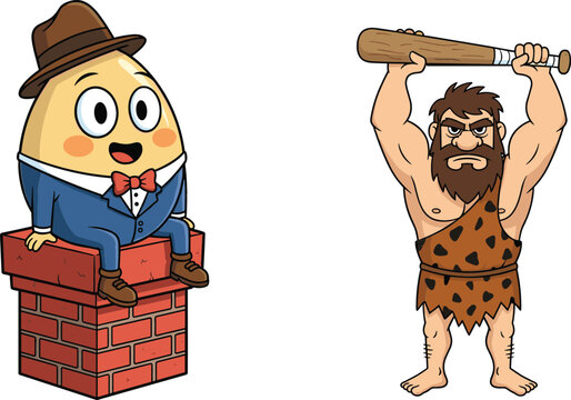 Humpty Dumpty character sitting on brick wall with hat and suit alongside angry caveman holding club, playful contrast of nursery rhyme and prehistoric life