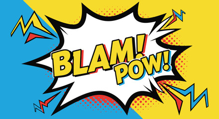 Dynamic Comic Speech Bubble with Blam Pow Text on Yellow and Blue Background © AHMAD KHOIRI