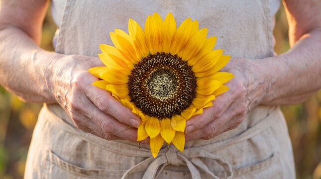 elderly female hands holding sunflower close up pale skin veins texture arthritic knuckles agricultural harvest offering warm light lifestyle dignity nature detail 4K