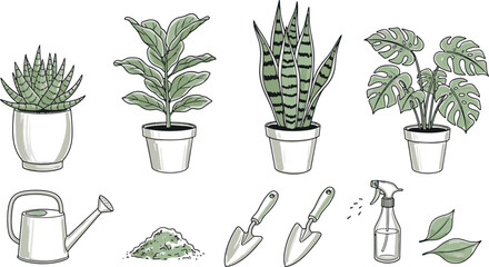 Set of potted house plants and gardening tools including monstera snake plant watering can shovel and hand sprayer vector illustration © Kanon Islam
