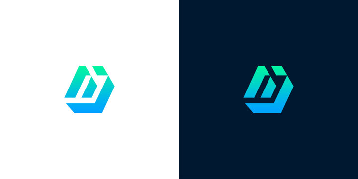 Modern Hexagonal Logo Design - Abstract Geometric Shape with Gradient Colors on White and Dark Blue Backgrounds