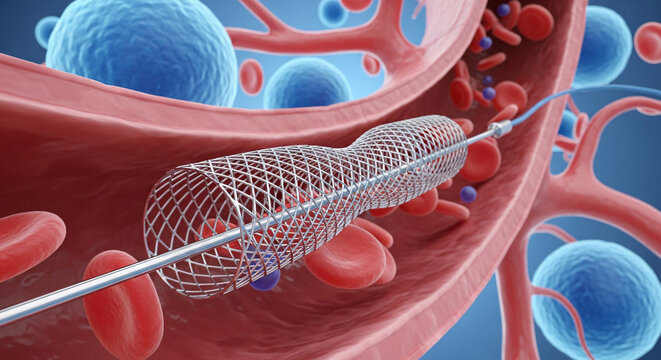 Medical visualization of a stent being inserted into a human blood vessel with circulating red blood cells