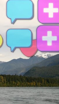 Vertical video: Lake and peak staying as purple+ appearing icons entering right drifting as alerts