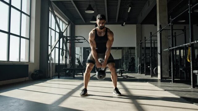 Man performing kettlebell swings in a modern gym setting.