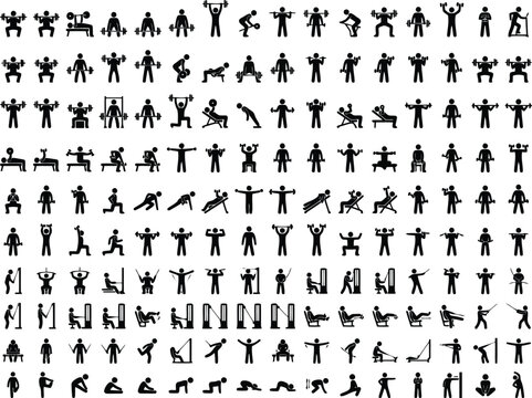 Set of black silhouette fitness icons showing people performing various gym exercises with dumbbells barbells and weightlifting equipment for training