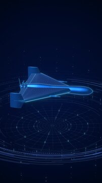 Vertical 3D Blue Wireframe Delta-Wing Drone Hologram for Military Defense and Aerospace Technology Presentations