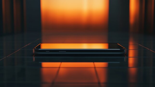 Versatile UI mockup: Flat smartphone on glossy tiled floor with warm backlight