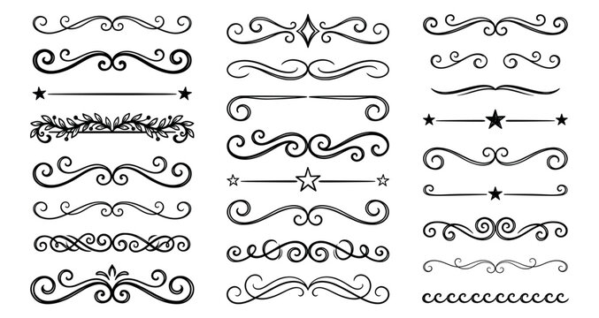Hand drawn calligraphic flourishes and star dividers for rustic wedding stationary set.