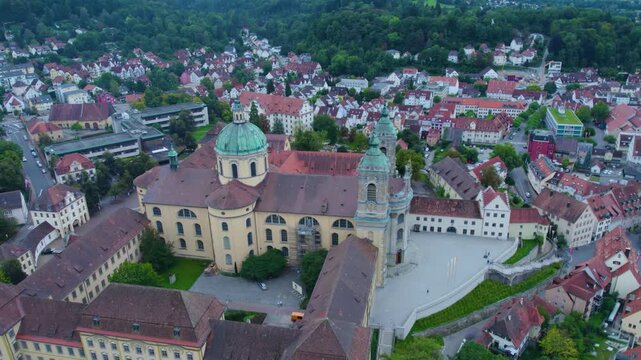 Aerial view of the old town city and monastery Weingarten in  south Germany on a cloudy day in summer