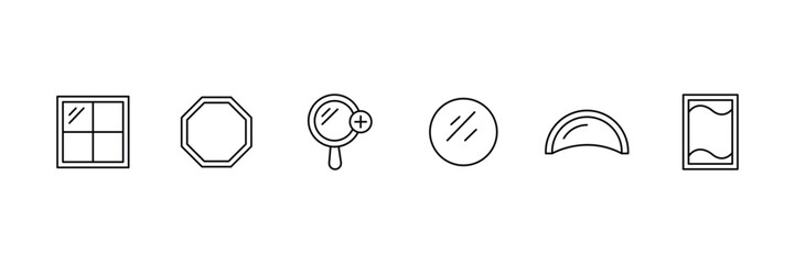     Query successful  Mirror icon set featuring square window octagonal frame handheld magnifying glass round mirror half moon shape and vertical wavy glass reflection. © suman