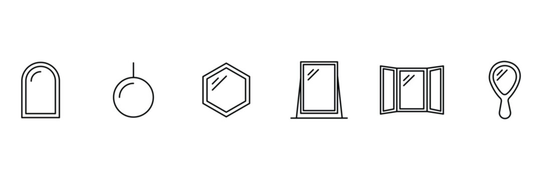 Mirror icon set featuring arched wall mirror hanging round ball hexagonal frame standing dressing glass triple folding vanity and hand mirror.