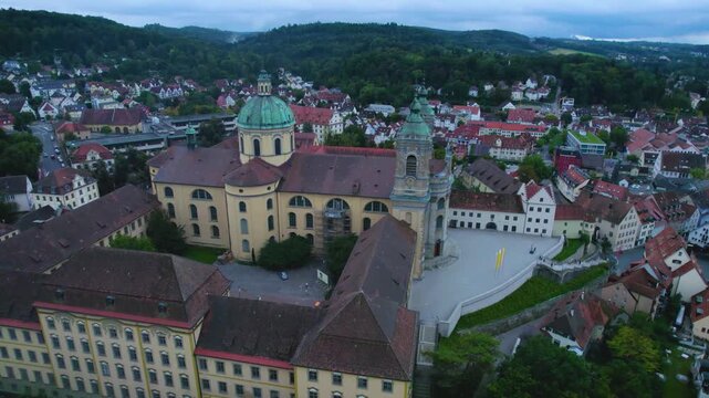 Aerial view of the old town city and monastery Weingarten in  south Germany on a cloudy day in summer
