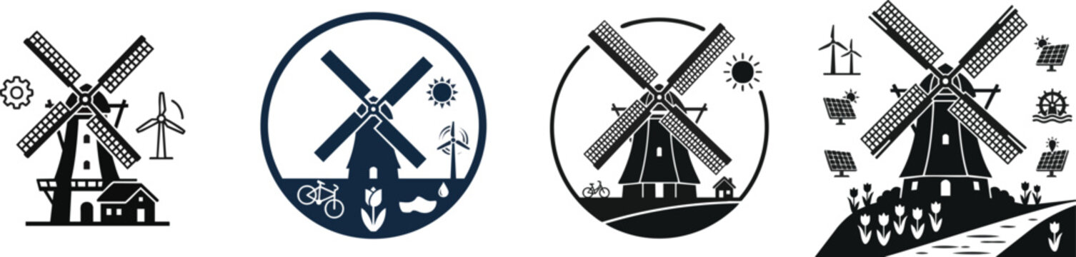Classic Dutch windmill silhouette set representing Netherlands countryside and traditional renewable energy icons, vector isolated on white
