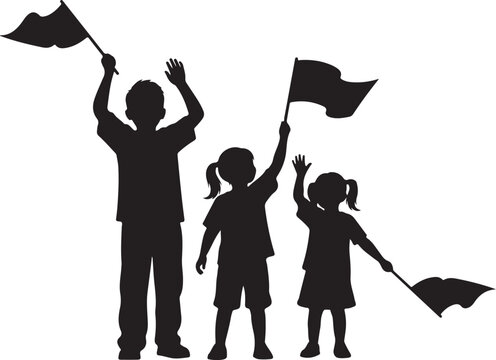 Children cheering with flags silhouette