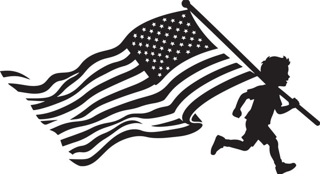 Child running with american flag silhouette