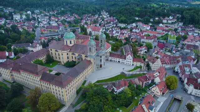 Aerial view of the old town city and monastery Weingarten in  south Germany on a cloudy day in summer