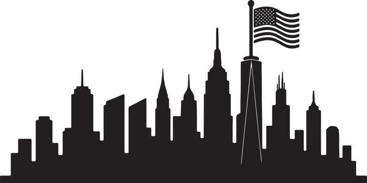City skyline with american flag silhouette