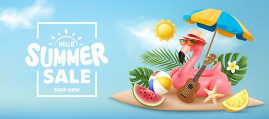 Summer banner template with tropical flamingo float,beach umbrella,ukulele,fruits,palm leaves and summer sale text on bright blue sky background,Promotion and shopping template for  summer sale season © Jaruwan photo