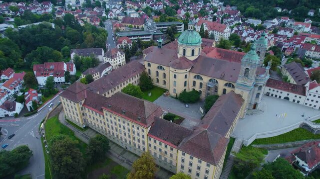 Aerial view of the old town city and monastery Weingarten in  south Germany on a cloudy day in summer