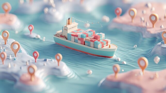 Ocean delivery service, container ship with route arrows and pins, calm pastel palette, 3D illustration. 