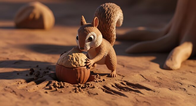 Animated squirrel character with a large nut on the ground