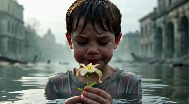 Young Boy in Flooded City Holding Flower Symbol of Hope