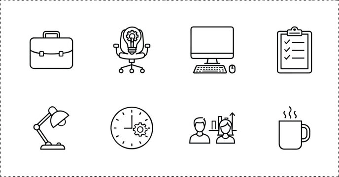Business productivity and office workspace line art icon set featuring computer briefcase clock lamp and teamwork symbols for corporate web design vector illustration.