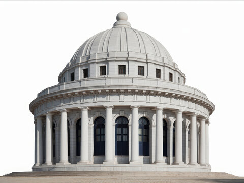 Grand neoclassical rotunda building with columns and dome on a white background
